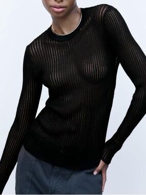 Zara Black Sheer Ribbed Long-Sleeve Top